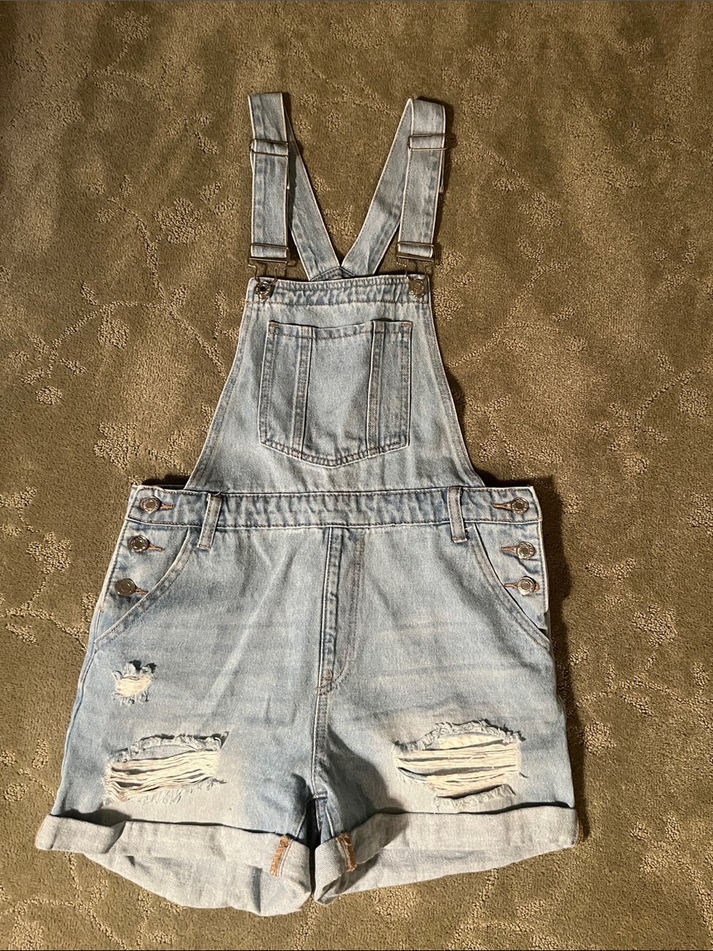 SHEIN Light Wash Distressed Denim Short Overalls